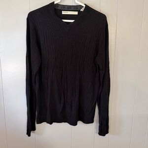 Perry Ellis V-Neck Sweater‎ Mens S Black Ribbed Knit Rayon Wool Blend 4703